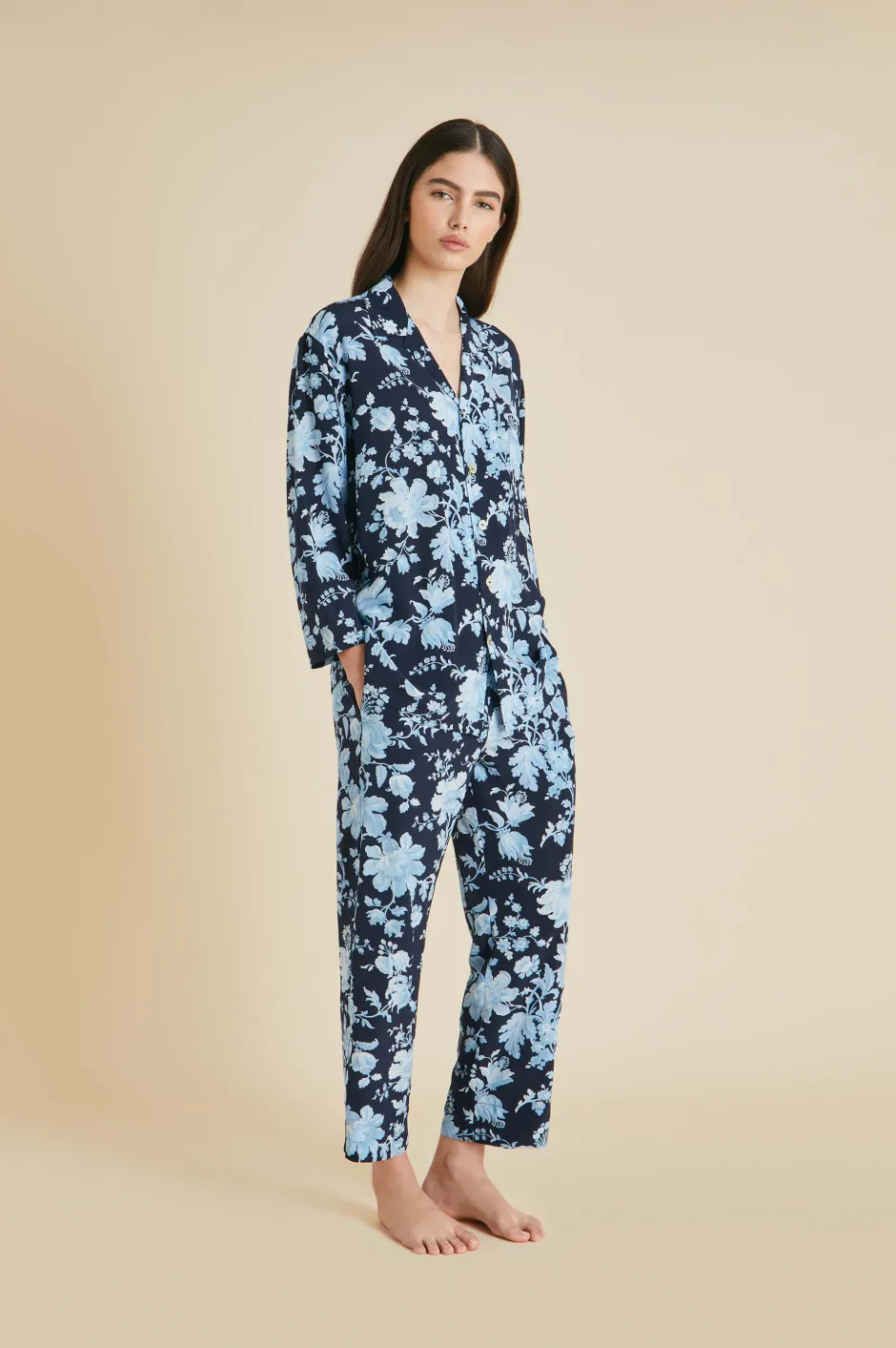 Shop Olivia von Halle Casablanca Alcides Floral Pajamasin Silk Crêpe de Chine Blue