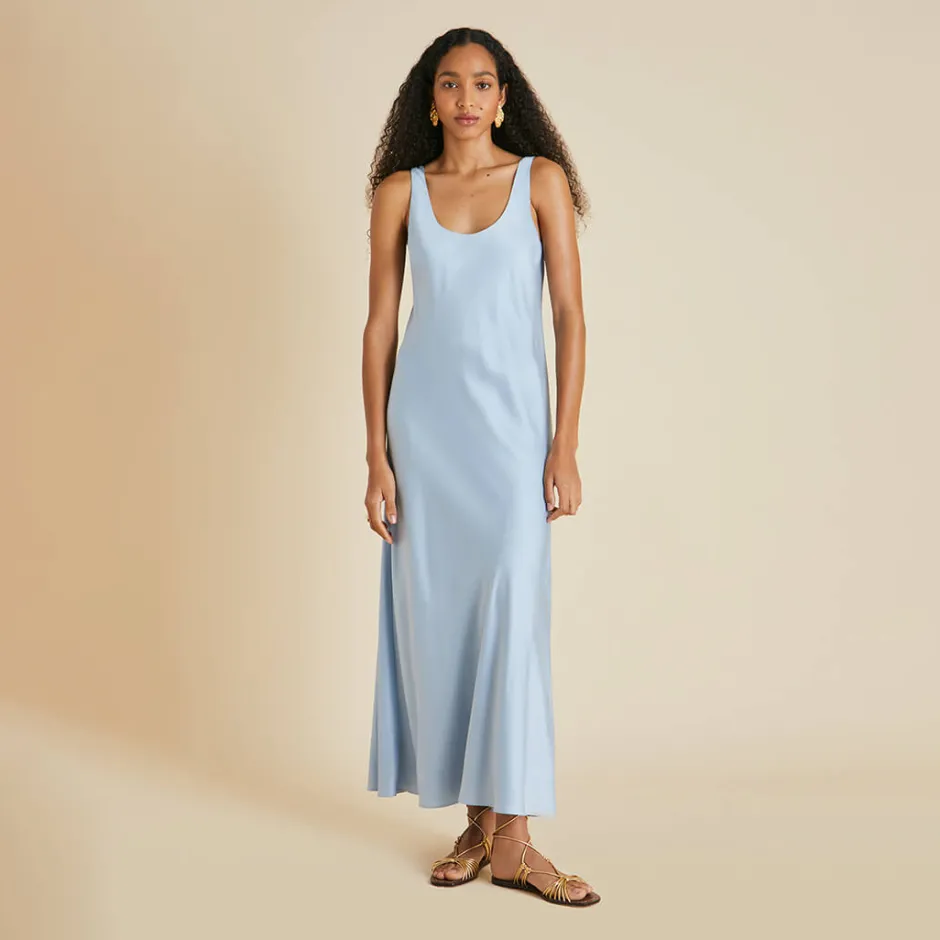 Shop Olivia von Halle Dali Powder Blue Slip Dressin Sandwashed Silk PowderBlue