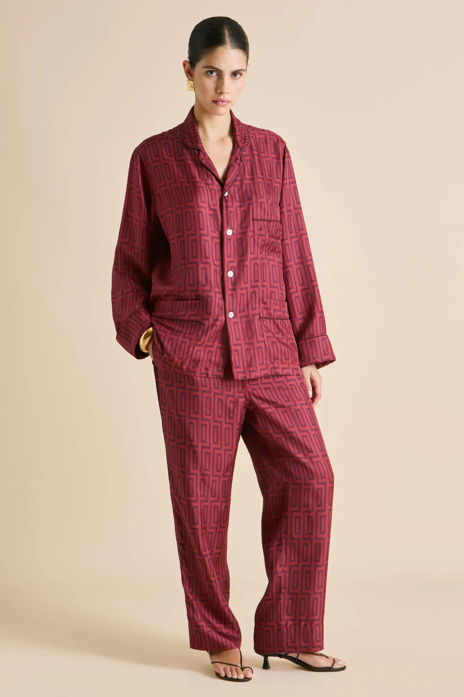 laurent_ruspoli_red_geometric_pajamasin_silk_twill_2.webp Clearance Olivia von Halle Laurent Ruspoli Geometric Pajamasin Silk Twill Red