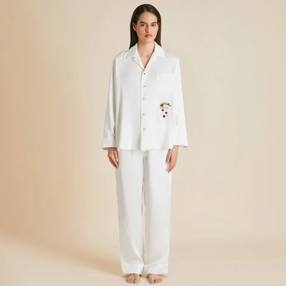 Sale Olivia von Halle Yves Desire pajamasin Silk with Ruby and Diamond Buttons by Jessica McCormack Ivory