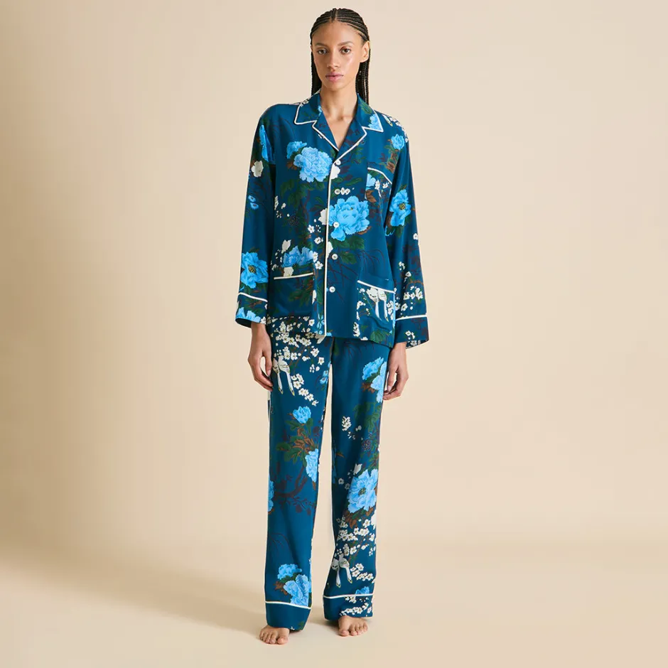 Outlet Olivia von Halle Yves Tibatant Floral Pajamasin Silk Crêpe de Chine Blue