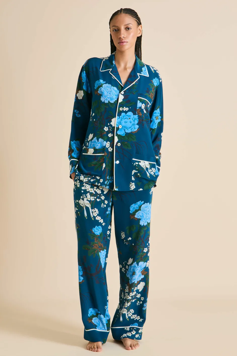 Outlet Olivia von Halle Yves Tibatant Floral Pajamasin Silk Crêpe de Chine Blue